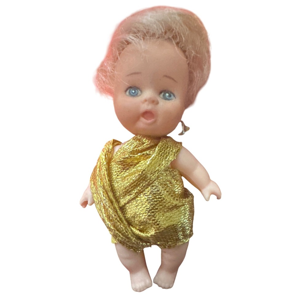 Vintage Hong Kong Miniature Doll Gold Metallic Wrap Blonde Blue Eyes